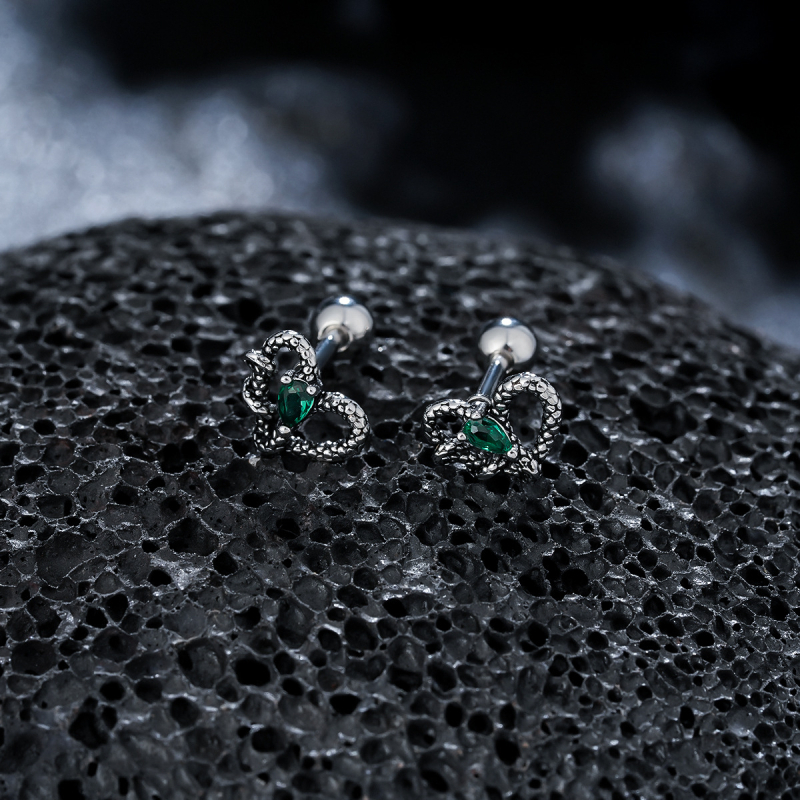 Cercei stud din oțel titan cu inimă înfășurată de șarpe, unisex, design minimalist, look premium