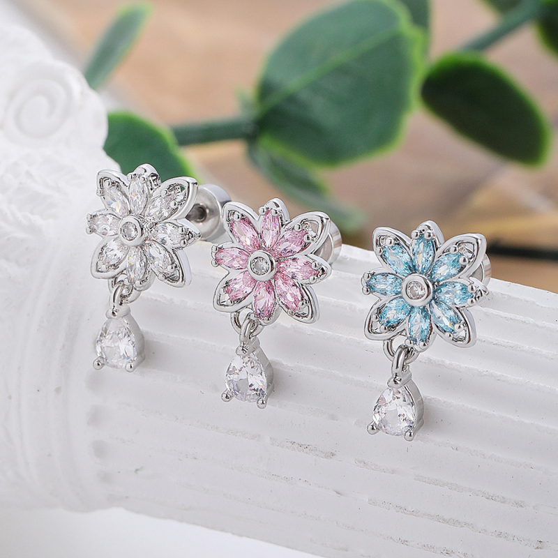 Cercei pentru cartilaj cu pandantiv din zirconiu, în formă de diamant, floare de soare și picătură de apă, din oțel titan, unisex