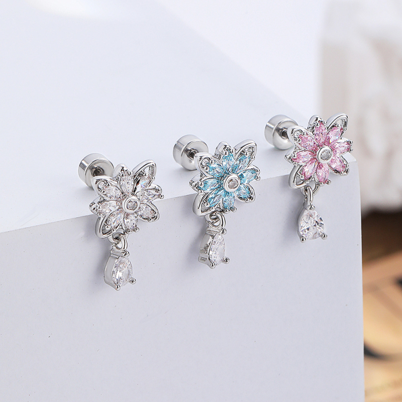 Cercei pentru cartilaj cu pandantiv din zirconiu, în formă de diamant, floare de soare și picătură de apă, din oțel titan, unisex