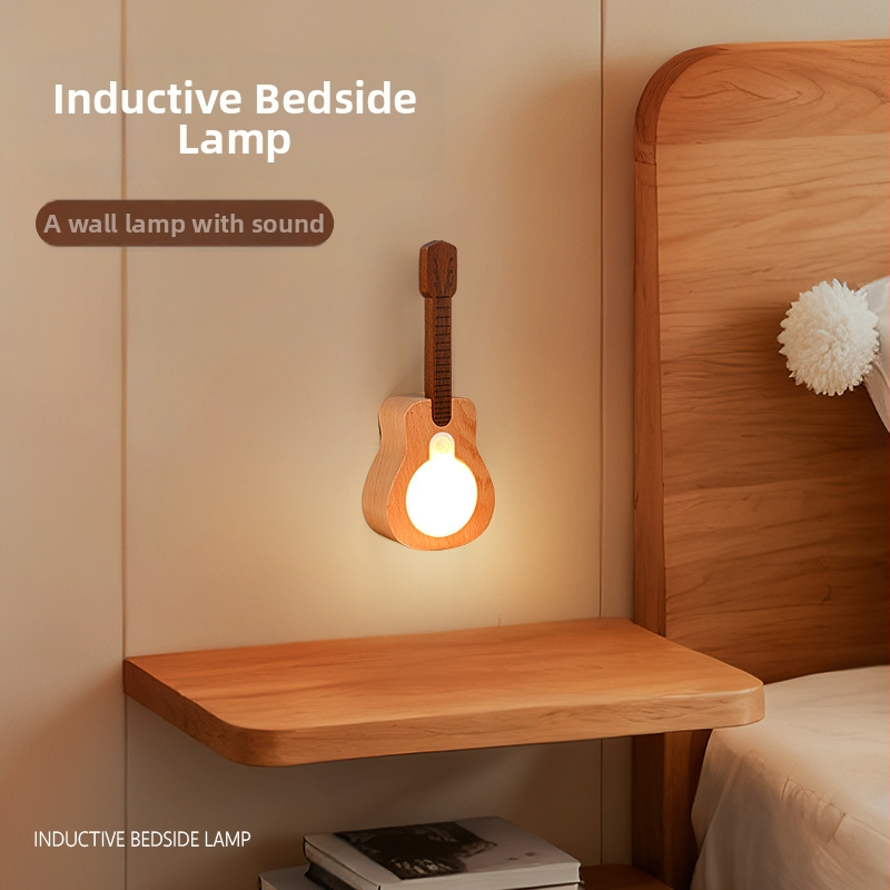 Lampa na stenu v tvare gitary z masívneho dreva so senzorom pohybu, nabíjateľná magnetická nástenná lampa, dekoratívny doplnok do spálne a nočné svetlo