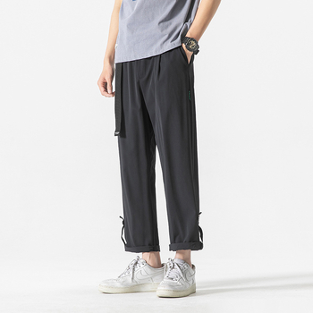 Plus-size ανδρικά casual παντελόνια με κορδόνι στη μέση, χαλαρή drapey γραμμή, ίσια γραμμή, μήκος 9/10, γρήγορο στέγνωμα πολυεστέρα.