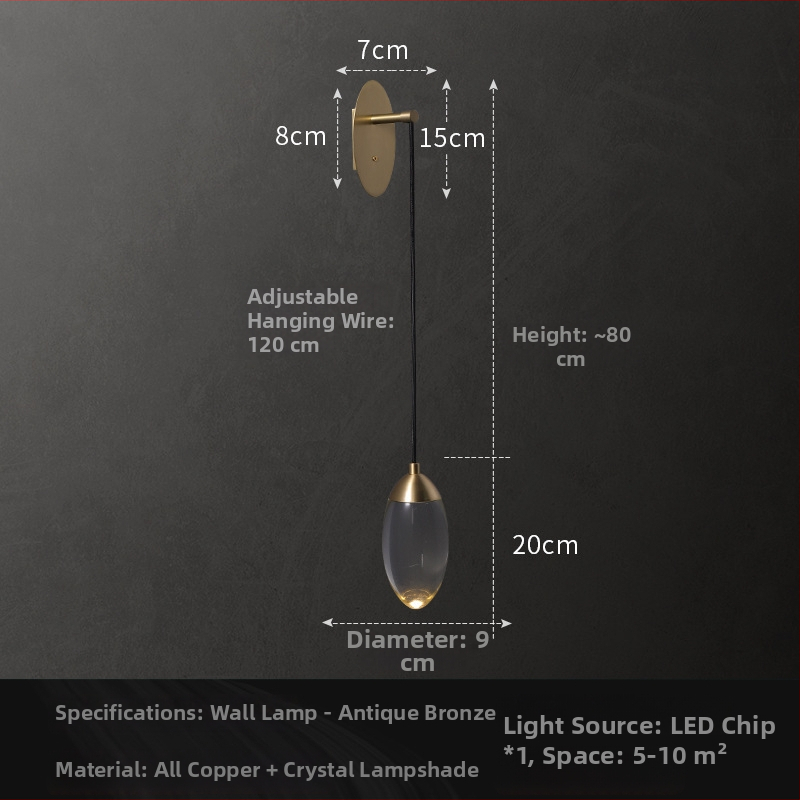 Kryštálová nástenná lampa z celého meďného materiálu, postmoderný štýl, krištáľová guľa, vhodná pre schody, spálňu a obývaciu izbu.
