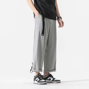 Plus-Size ανδρικά παντελόνια casual με κορδόνι, χαλαρή ίσια γραμμή, μήκος 9/10, γρήγορο στέγνωμα, πολυεστερικό ύφασμα Ice Silk