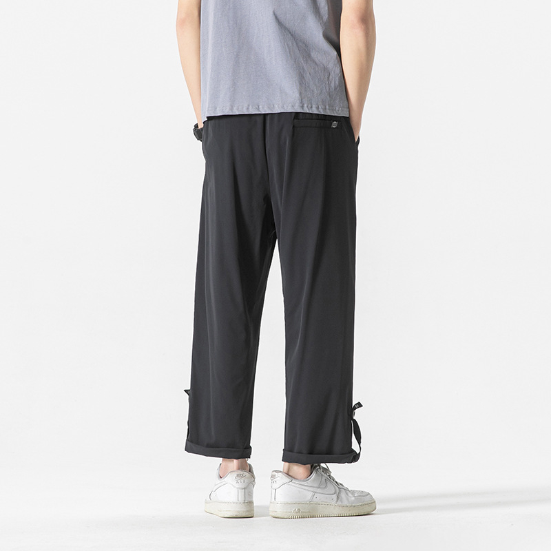 Plus-Size ανδρικά παντελόνια casual με κορδόνι, χαλαρή ίσια γραμμή, μήκος 9/10, γρήγορο στέγνωμα, πολυεστερικό ύφασμα Ice Silk