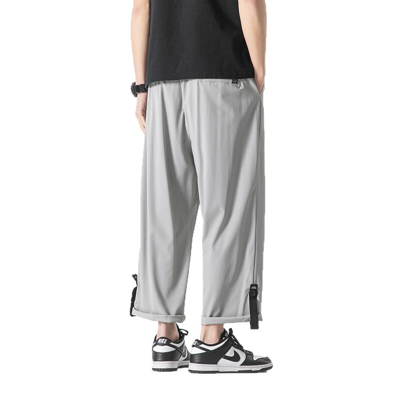 Plus-Size ανδρικά παντελόνια casual με κορδόνι, χαλαρή ίσια γραμμή, μήκος 9/10, γρήγορο στέγνωμα, πολυεστερικό ύφασμα Ice Silk