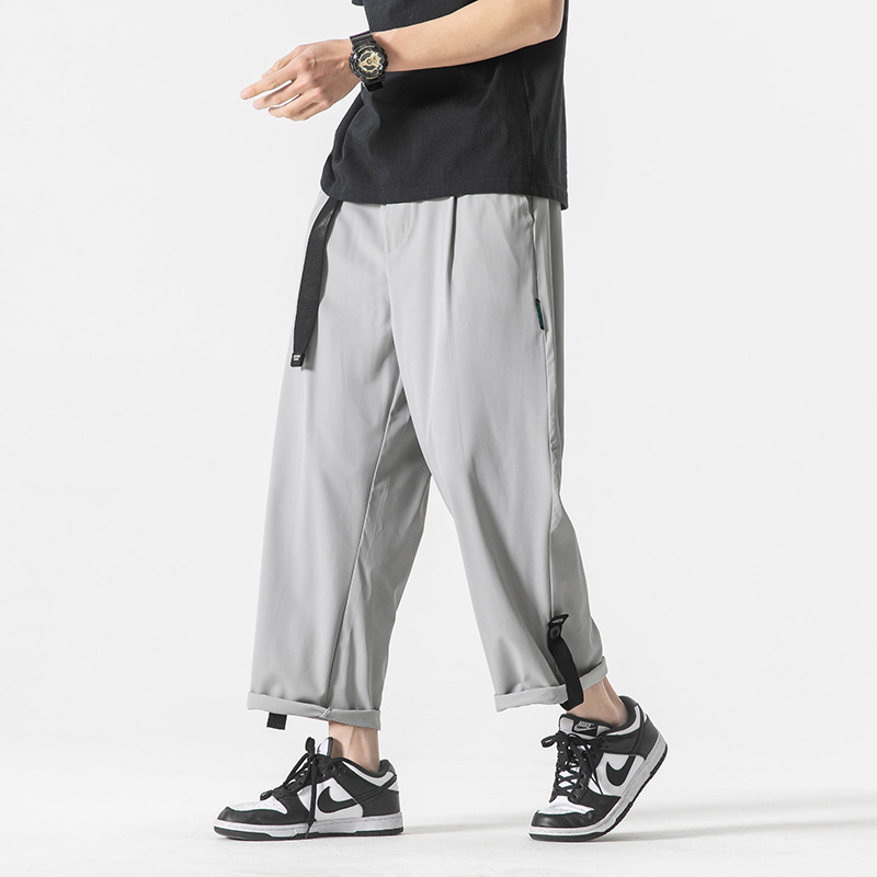 Plus-Size ανδρικά παντελόνια casual με κορδόνι, χαλαρή ίσια γραμμή, μήκος 9/10, γρήγορο στέγνωμα, πολυεστερικό ύφασμα Ice Silk