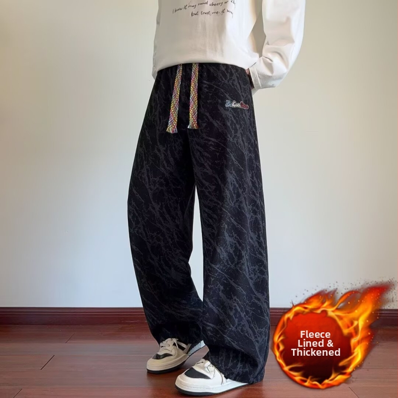 Pánske nohavice s fleecovou podšívkou na zimu, tie-dye vzor, plisovanie, rovný a široký strih, voľnočasový mestský štýl, retro