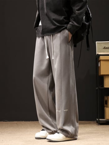 Plus-Size ανδρικά casual παντελόνια από βαμβάκι για άνοιξη και φθινόπωρο, υψηλή μέση, χαλαρή φαρδιά γραμμή με ίσιο κόψιμο, τύπωμα με γράμματα