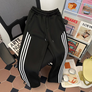 Ανδρικά χειμωνιάτικα fleece-lined παντελόνια με ριγές σε ρετρό αμερικανικού ύψους, ίσιο κόψιμο, άνετα και ευέλικτα καθημερινά παντελόνια