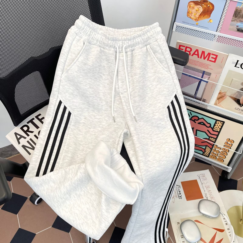 Ανδρικά χειμωνιάτικα fleece-lined παντελόνια με ριγές σε ρετρό αμερικανικού ύψους, ίσιο κόψιμο, άνετα και ευέλικτα καθημερινά παντελόνια