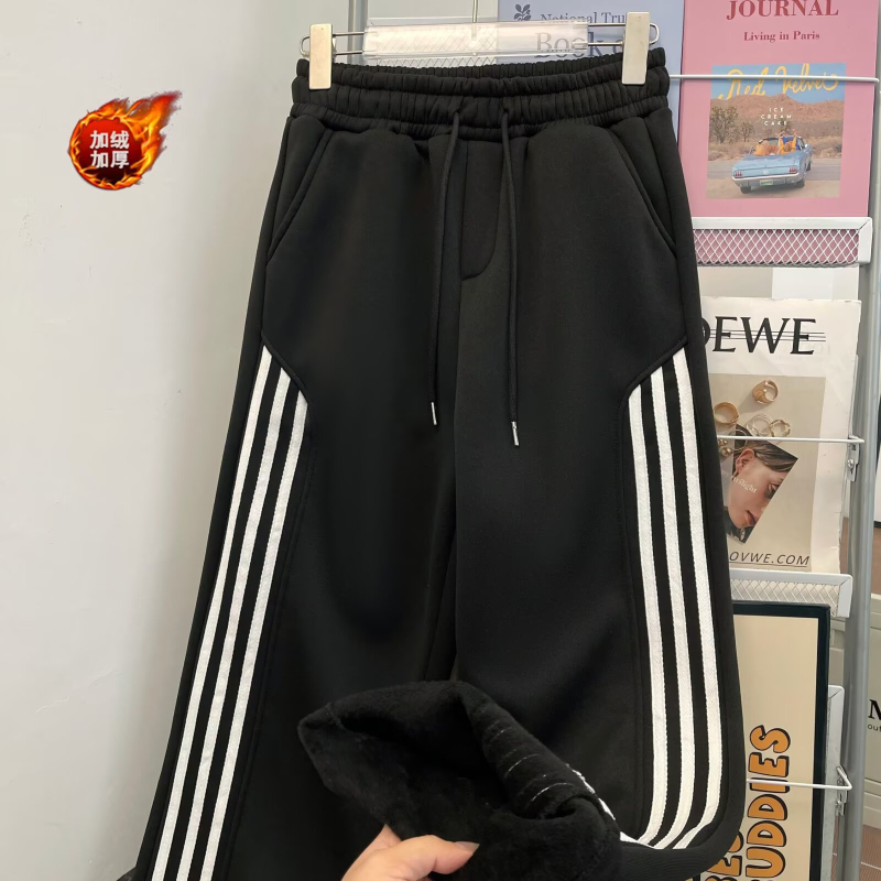 Ανδρικά χειμωνιάτικα fleece-lined παντελόνια με ριγές σε ρετρό αμερικανικού ύψους, ίσιο κόψιμο, άνετα και ευέλικτα καθημερινά παντελόνια