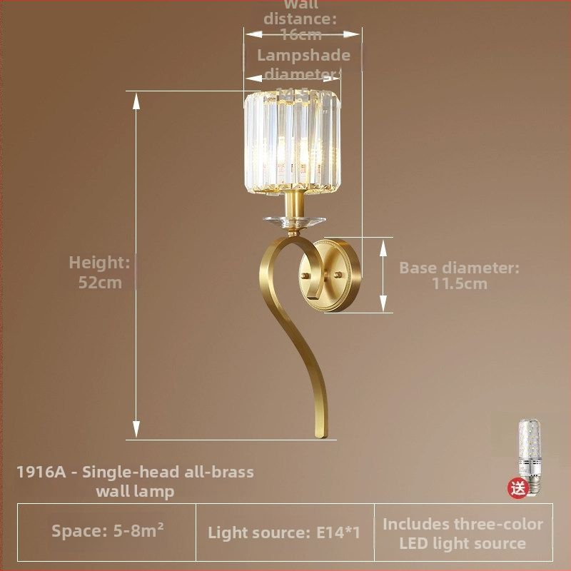 Luxusná amerického štýlu nástenná lampa z medi s krištáľovými detailmi, francúzsky štýl do obývačky a spálne
