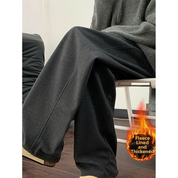 Čierne ťažké teplé nohavice pre mužov so zakriveným lemom, podšité fleece, hrubé a teplé, predĺžená dĺžka, vysoký vzrast, banana-wide-leg nohavice na jeseň a zimu