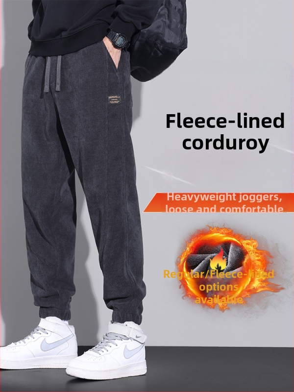 Pánske nohavice z cordury s fleecovou vnútornou vrstvou, teplé na jeseň a zimu, voľnočasové