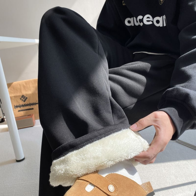 Pantaloni de trening bărbați din lână de miel, fleece gros, căptușiți pentru iarnă, croială dreaptă, largi, casual, plus size.