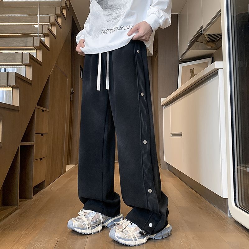 Pantaloni de trening pentru bărbați, cu nasturi, iarnă, croială lejeră, largi, drepți, pantaloni sport groși