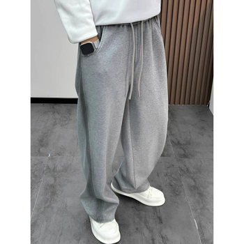 Pantaloni de trening gri cu tie-dye și bandă decorativă, croială dreaptă, largi, casual