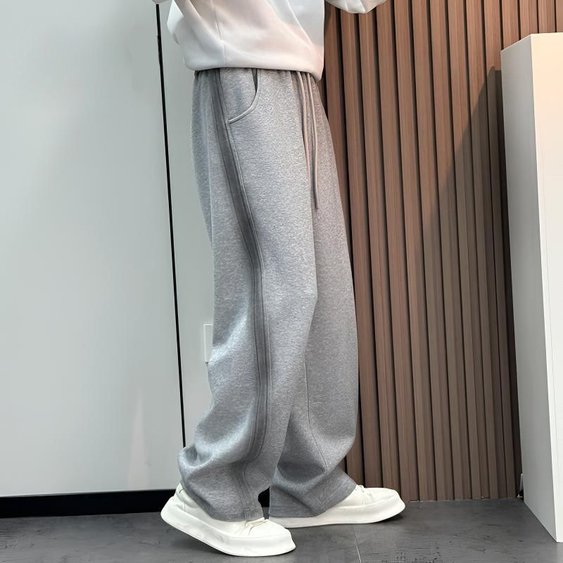 Pantaloni de trening gri cu tie-dye și bandă decorativă, croială dreaptă, largi, casual