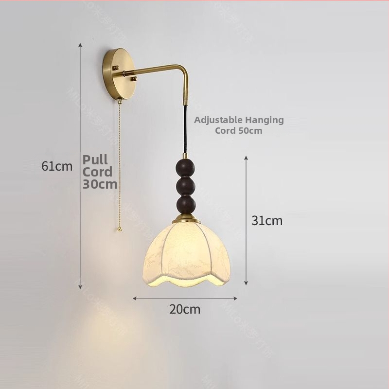 Nástenná lampa pri posteli, vintage štýl Nanyang, ťahací spínač, textilné tienidlo, dobíjateľná