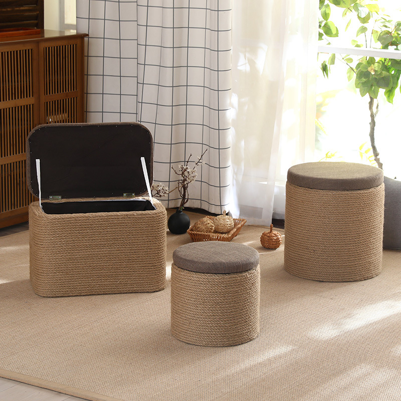 Drevená stolička na skladovanie s konopným lanom – stolička na výmenu topánok, podpora na nohu a štvorcová taburetka s úložným priestorom