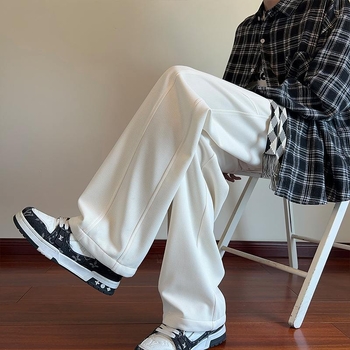 Pantaloni de trening negri pentru bărbați, croială liberă dreaptă, căptușeală groasă de iarnă, catifea, stil american cu picioare largi
