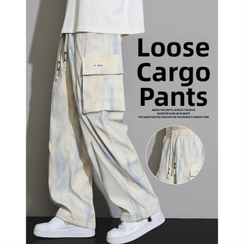 Pánske nohavice do práce rovného strihu, tie-dye, s veľkými vreckami, americký štýl, voľné široké nohavice, na jar a jeseň