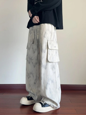 Tie-Dye cargo παντελόνια για άνδρες, φθινοπωρινά με μεγάλες τσέπες, αμερικανικό streetwear, φαρδιά μπατζάκια, χαλαρή ίσια γραμμή