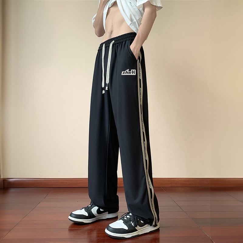 Ανδρικοί παντελόνες με ρίγες, σε plus size, ελαφριά καλοκαιρινή γραμμή, ευρείς ίσιοι, με κορδόνι στη μέση και τσέπες, πολυεστέρας