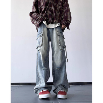 Mužské džínsy vintage s dierami, inšpirované pracovným oblečením, voľný strih, široké nohavice, jeseň, americký street štýl, hip-hop
