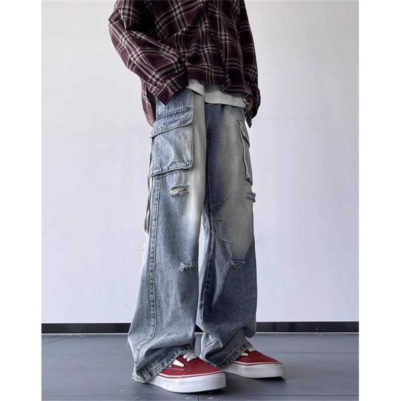 Mužské džínsy vintage s dierami, inšpirované pracovným oblečením, voľný strih, široké nohavice, jeseň, americký street štýl, hip-hop