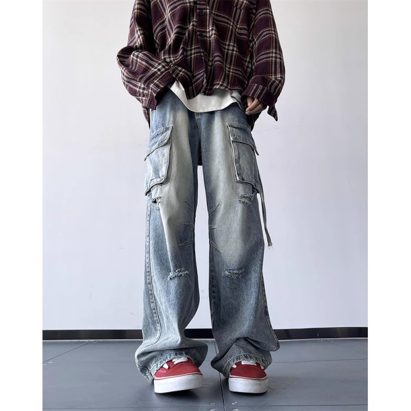 Mužské džínsy vintage s dierami, inšpirované pracovným oblečením, voľný strih, široké nohavice, jeseň, americký street štýl, hip-hop