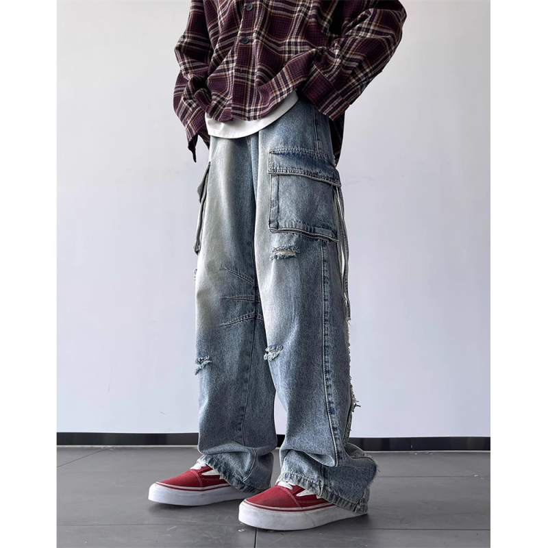 Mužské džínsy vintage s dierami, inšpirované pracovným oblečením, voľný strih, široké nohavice, jeseň, americký street štýl, hip-hop