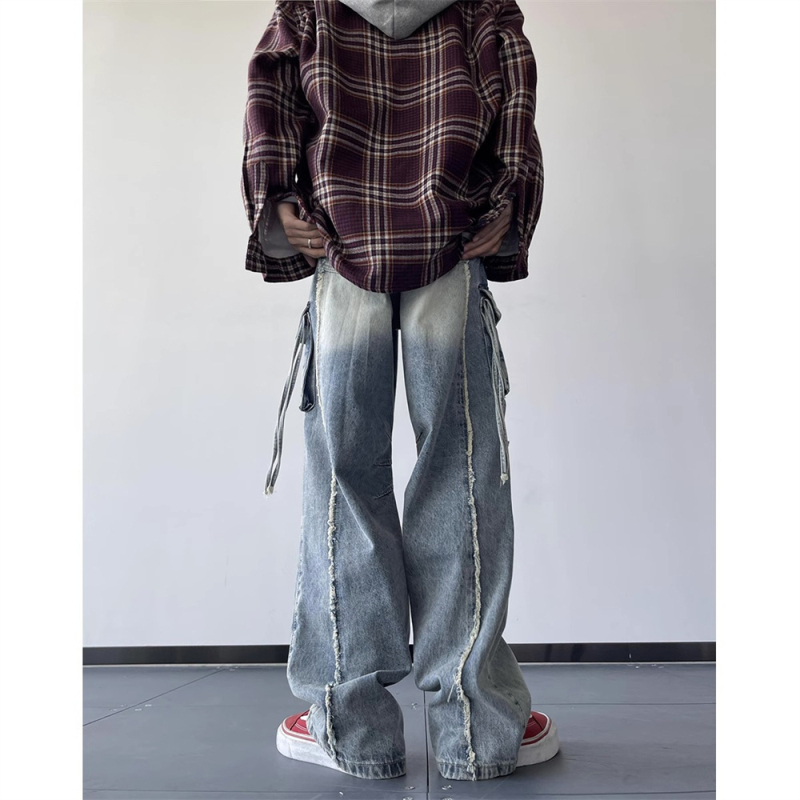 Mužské džínsy vintage s dierami, inšpirované pracovným oblečením, voľný strih, široké nohavice, jeseň, americký street štýl, hip-hop