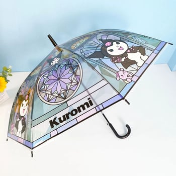 Priehľadný dáždnik s dlhým držadlom pre deti aj dospelých, Kuromi kreslený dizajn, roztomilý retro štýl, pevná konštrukcia