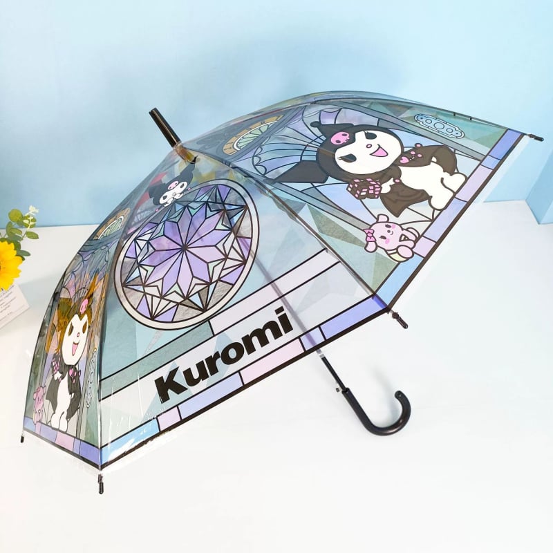 Priehľadný dáždnik s dlhým držadlom pre deti aj dospelých, Kuromi kreslený dizajn, roztomilý retro štýl, pevná konštrukcia
