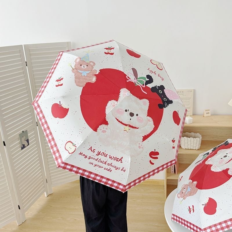 Umbrelă automată drăguță cu design Cartoon, în formă de măr și câine, pentru femei, ploaie sau soare, protecție UV din vinil