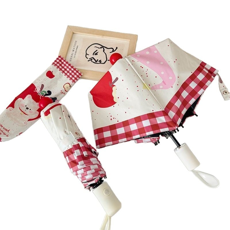 Umbrelă automată drăguță cu design Cartoon, în formă de măr și câine, pentru femei, ploaie sau soare, protecție UV din vinil