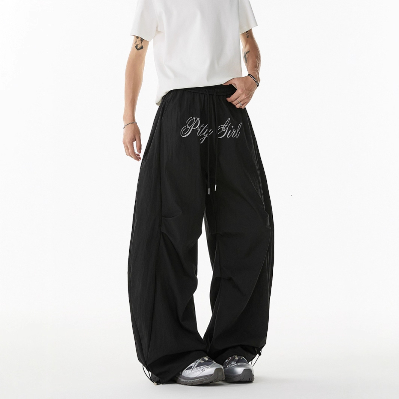 Pantaloni casual bărbați, cu broderie de litere, plisare, croi larg, uscare rapidă, pantaloni sport casual