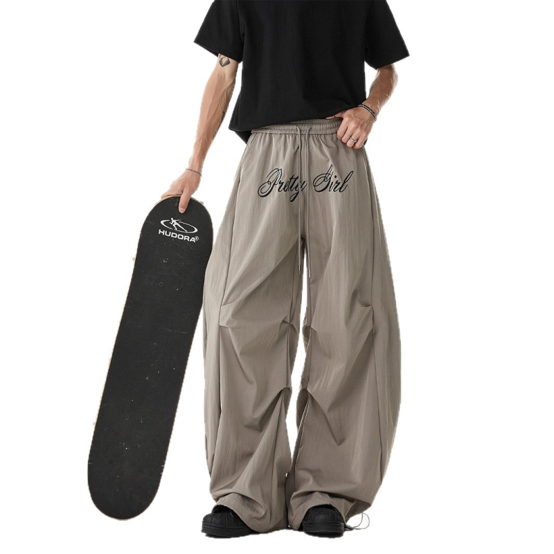 Pantaloni casual bărbați, cu broderie de litere, plisare, croi larg, uscare rapidă, pantaloni sport casual