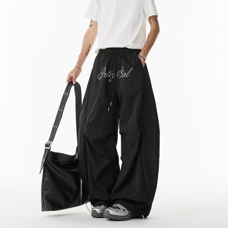 Pantaloni casual bărbați, cu broderie de litere, plisare, croi larg, uscare rapidă, pantaloni sport casual