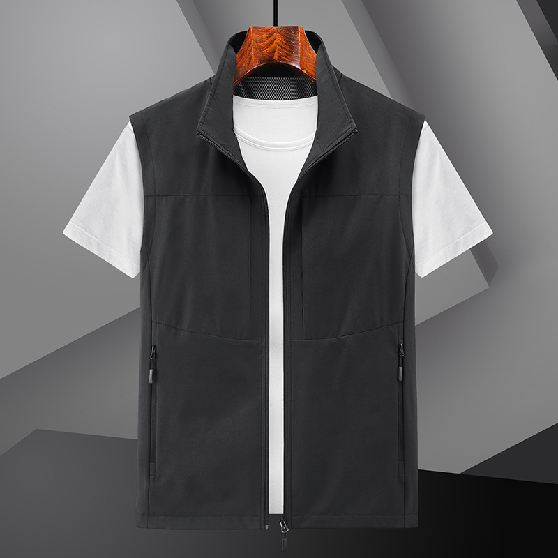 Pánska vonkajšia vesta na všetky štyri ročné obdobia pre fotografovanie a rybárstvo, s viacerými vreckami, voľný strih, stojací golier so zipsom, bez kapucne, jednofarebná, loga tlač, veľké veľkosti