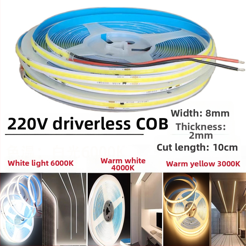 COB LED лента 220V, без драйвера, самозалепваща линеарна светлина за таван и стена, ултра ярка
