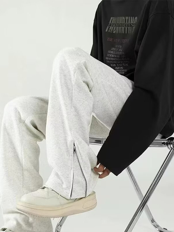 Pantaloni casual pentru bărbați, largi, cu fermoar și deschideri laterale, croială dreaptă, talie medie, poliester, pentru primăvară și toamnă