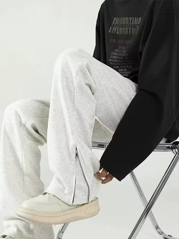Pantaloni casual pentru bărbați, largi, cu fermoar și deschideri laterale, croială dreaptă, talie medie, poliester, pentru primăvară și toamnă