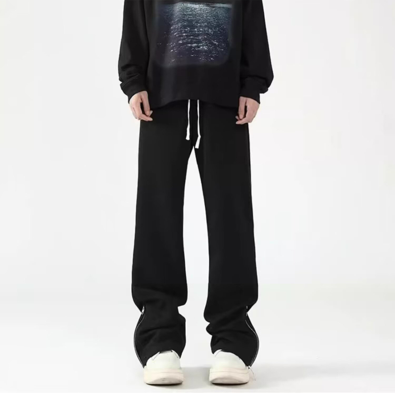 Pantaloni casual pentru bărbați, largi, cu fermoar și deschideri laterale, croială dreaptă, talie medie, poliester, pentru primăvară și toamnă