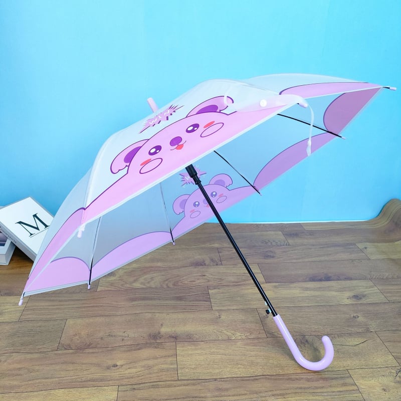Umbrelă transparentă drăguță cu desen animat, cu opt arce, tijă dreaptă, deschidere automată, umbrelă pentru elevi