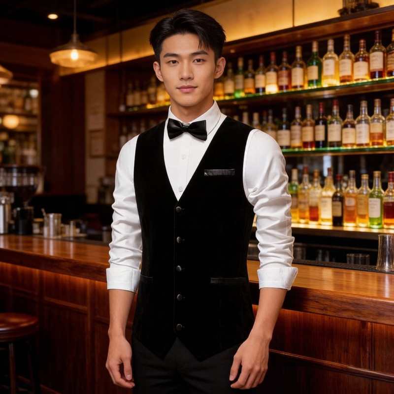 Slim-fit férfi öltönymellény bárpultos stílusban, ideális hotel- és formális rendezvényekhez.