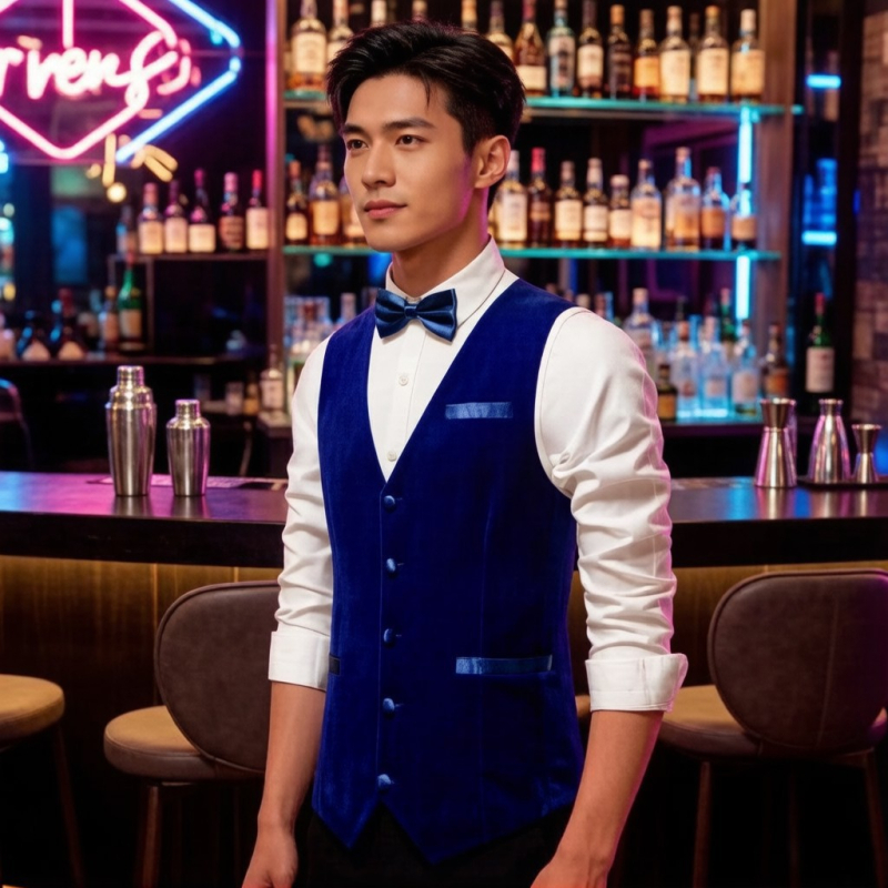 Slim-fit férfi öltönymellény bárpultos stílusban, ideális hotel- és formális rendezvényekhez.