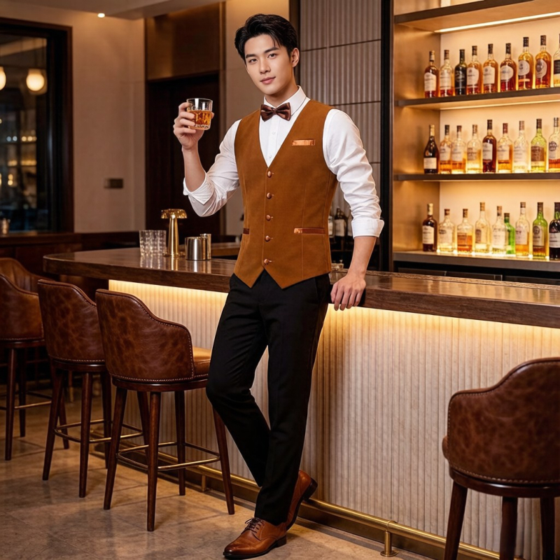 Slim-fit férfi öltönymellény bárpultos stílusban, ideális hotel- és formális rendezvényekhez.