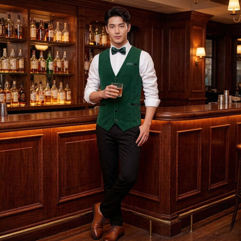 Slim-fit férfi öltönymellény bárpultos stílusban, ideális hotel- és formális rendezvényekhez.